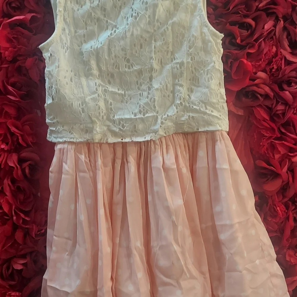Knitworks Girls Size 10 Peach Polka Dot Dress with Lace Zip up Vest -2 piece set